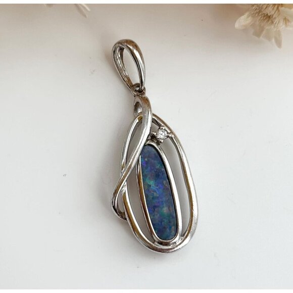 RARE Australian Opal Oval Crossover Swirly Sterling Silver 925 Vintage Pendant - Picture 1 of 9
